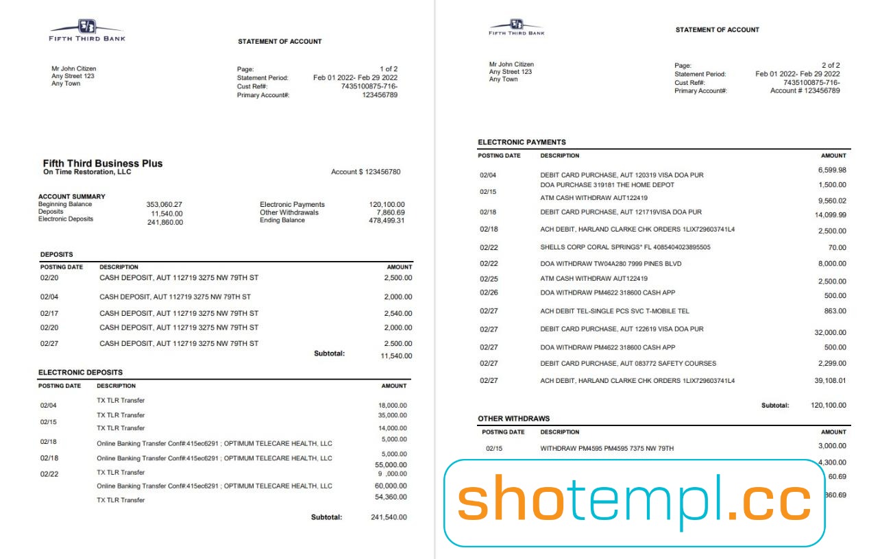 Fifth Third Bank Statement PDF Templates